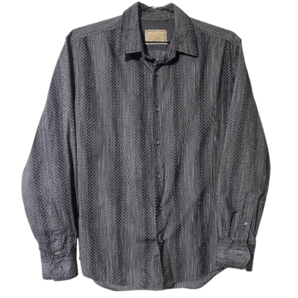 Vintage Italia Men’s Shirt Black Gray Stripes Sz Medium Dress Textured Designer